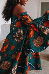 Off Shoulder Floral Bell Sleeve Ruffle Plus Size Midi Dress