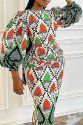 Elegant Round Neck Lantern Sleeve Plus Size Midi Dress