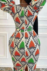 Elegant Round Neck Lantern Sleeve Plus Size Midi Dress