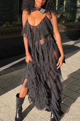 Sheer Mesh Layered Ruffle Trim Cami Dress