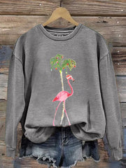 Florida Merry Christmas Flamingo Palm Tree Print Crew Neck Pullover