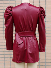Burgundy Long Sleeves Sash PU Leather Short Mini Dress
