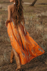 Allover Print Backless Halter Maxi Dress