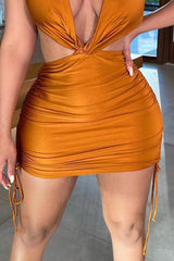 Drawstring Ruched Twisted Front Backless Halter Dress