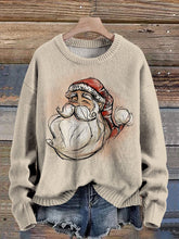 Hand Drawing Style Santa Graphic Printed Knit Pullover Sweater