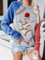 Christmas Baseball Snowman Print Casual Sweatshirt