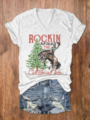 Rockin Around The Christmas Tree Print V-Neck T-Shirt