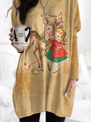 Retro Merry Christmas Elk With Pockets Print Dress
