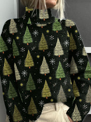 Vintage Christmas Tree Print Knit Turtleneck Pullover Sweater