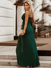 Burgundy Pleated Sleeveless High-slit V-Neck Semi Formal Maxi Party Dress