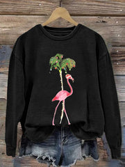 Florida Merry Christmas Flamingo Palm Tree Print Crew Neck Pullover