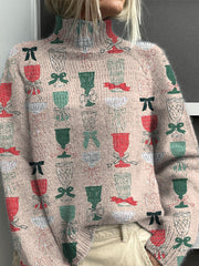 Christmas Cocktail Repeat Pattern Printed Knit Turtleneck Pullover Sweater