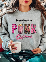 Christmas Cartoon Pink Letter Print Sweatshirt