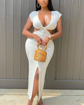 Solid Cut Out Split Thigh Plunging Neck Maxi Dress