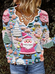 Christmas Pink Santa Claus French Cashmere V-Neck Top