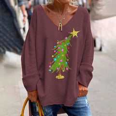 Christmas Tree Print V-Neck Long Sleeved Loose T-Shirt