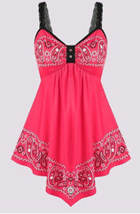 Paisley Print Contrast Lace Hanky Hem Mini Dress