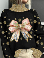 Christmas Let's Adore Him Print Casual Turtleneck Top