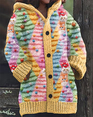 Christmas Tree Cat Embroidery Print Casual Hooded Cardigan