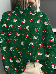 Vintage Christmas Santa Print Knit Turtleneck Pullover Sweater