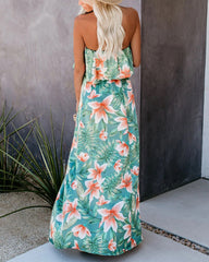Tropical Print Split Ruffle Hem Foldover Tube Dress