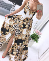 Spaghetti Strap Leopard Paisley Print High Slit Maxi Dress