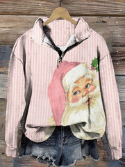 Vintage Pink Christmas Santa Print Zip Lapel Sweatshirt
