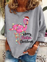 Christmas Flamingo Print Crew Neck Sweatshirt