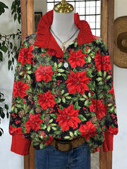 Lovely Christmas Floral Art Print Casual Long Sleeve Comfortable Cotton Shirt