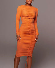 Solid Drawstring Ruched Long Sleeve Midi Dress