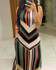 Colorblock Chevron Pattern Slit Sleeveless Bodycon Dress