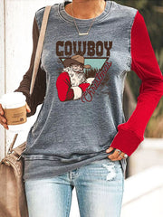 Funny Christmas Cowboy Santa Print Casual Crew Neck Sweatshirt