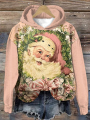Vintage Pink Santa Print Hoodie Long Sleeve Sweatshirt