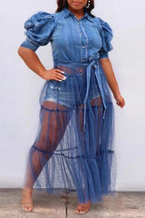 Contrast Mesh Belted Puff Sleeve Denim Dress