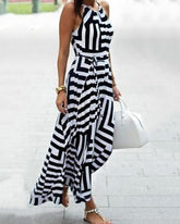 Contrast Color Halter Geo Print Casual Maxi Dress