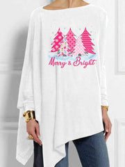 Merry And Bright Pink Christmas Tree Print Casual Top