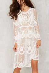 White Sheer Lace Scalloped Hem Long Sleeve Sexy Beach Bikini Cover Up Dress