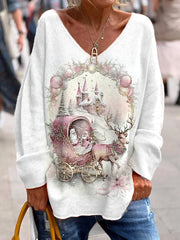 Women's Pink Santa Claus Print Christmas Casual V-Neck Top