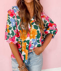 Floral Puff Sleeve Button-Up Top