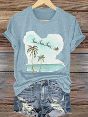 Retro Florida Merry Christmas Beach Palm Tree Print T-Shirt
