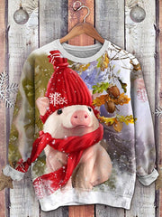 Casual Cute Christmas Hat Pig Print Long Sleeve Sweatshirt