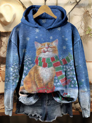 Christmas Scarf Cat Art Print Casual Hoodie