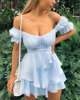 Solid Ruffles Hem Strap Short Sleeve Cold Shoulder Mini Dress