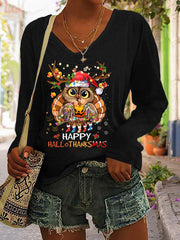 Happy Hallothanksmas Print Long Sleeve V-Neck T-Shirt