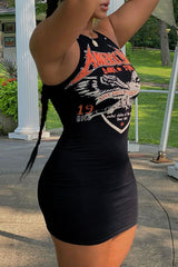 Letter Graphic Grommet Eyelet Detail Sleeveless Dress