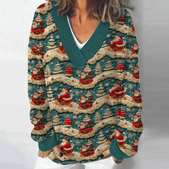 Christmas Vintage Santa On Sleigh Christmas Tree Printed Light Sweater