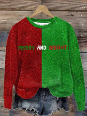 Merry And Bright Christmas Tree Print Long Sleeve Sweatshirt