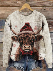 Winter Christmas Highland Cow Print Knit Pullover Sweater