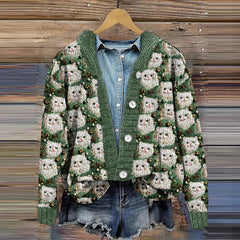 Christmas Tree Cat Print Long Sleeve Knitted Cardigan