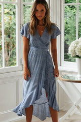 Asymmetric Mini Floral Sleeved Tie Side Beach Wrap Dress